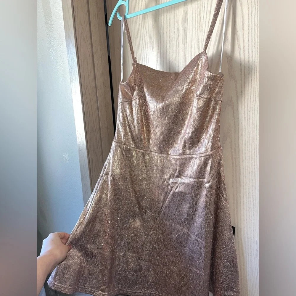 LULU’S- Gorgeously Glowing Shiny Rose Gold Mini Skater Dress - NWT - Picture 5 of 15